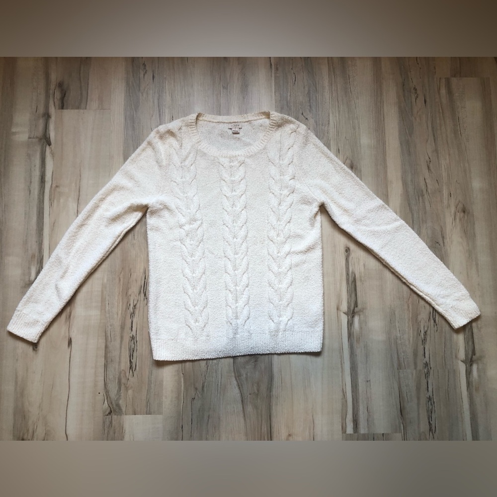 J. Crew Cotton White Cream Cable Knit Crewneck Sweater - Picture 2 of 8